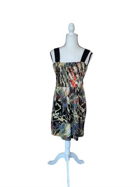 Vintage Sharon Max Abstract Zip-Back Dress MEDIUM Black Red Multi